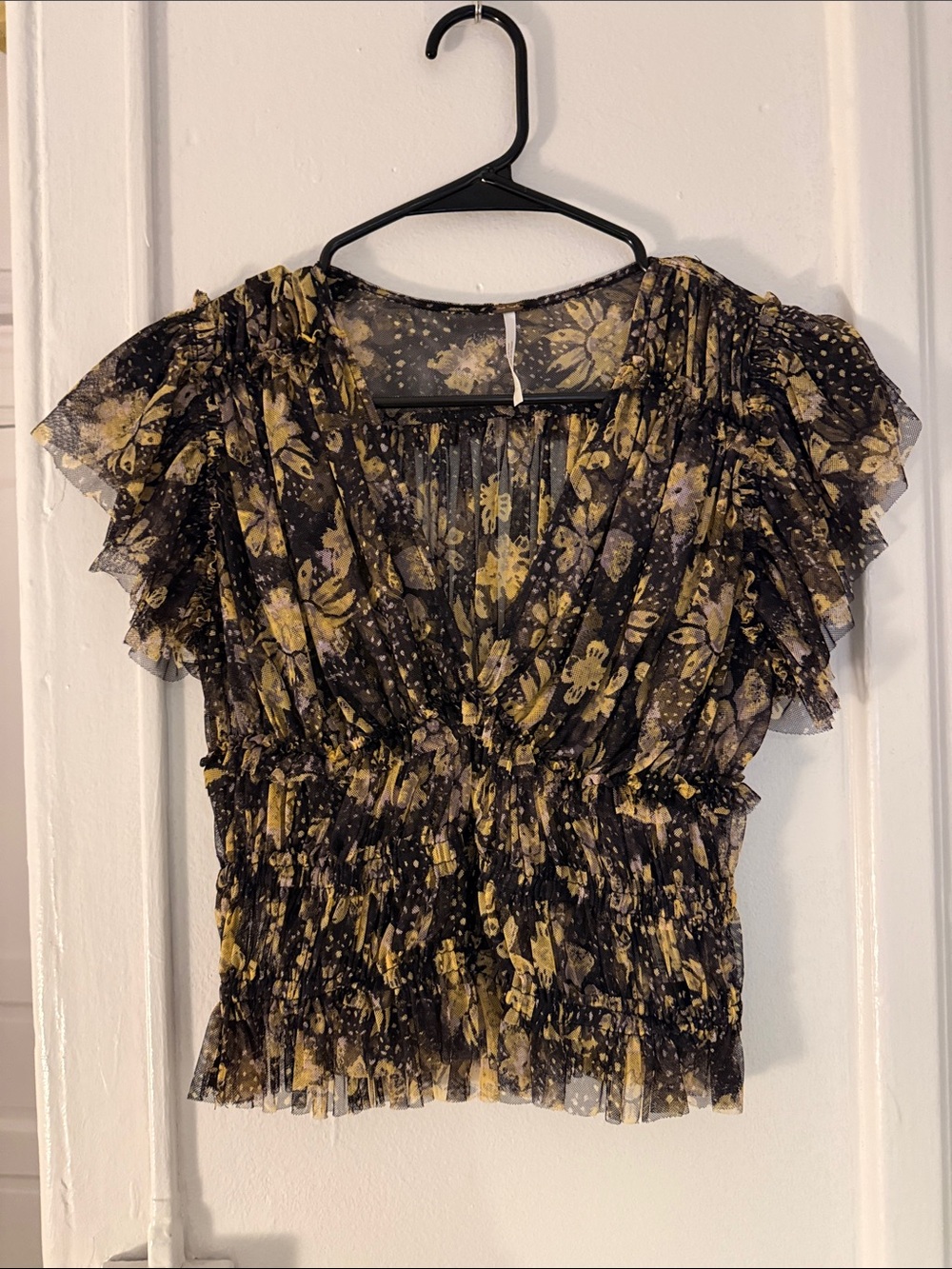 Free People Black & Yellow Floral Ruffled Peplum Blouse